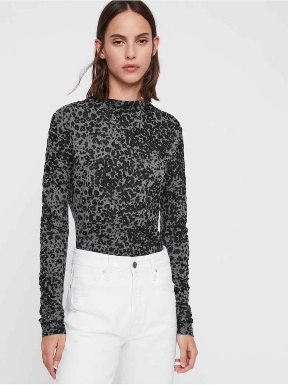 AllSaints Francesco Leo Roll Top Black & Gray Leopard Print Long-Sleeve Top